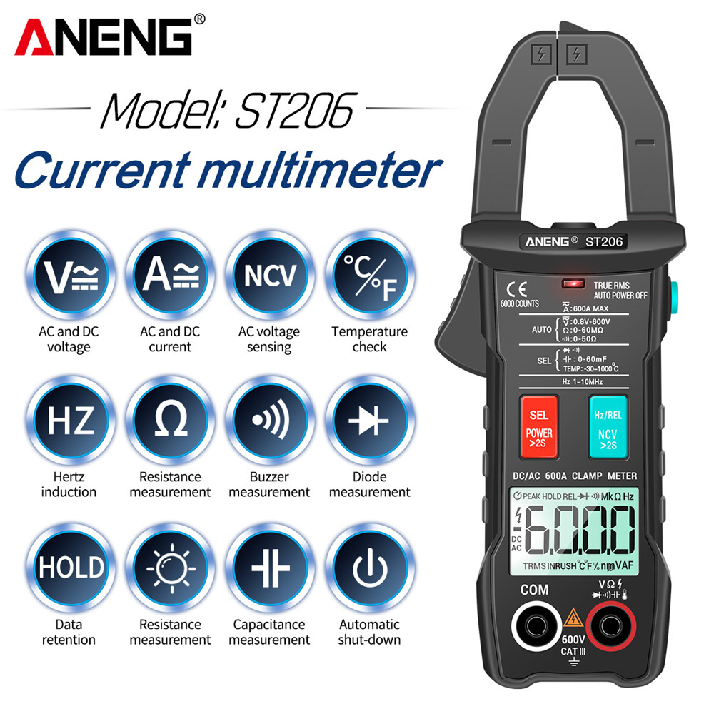 ANENG ST206 Digital Multimeter Clamp Meter 6000 counts True RMS Amp DC/AC Current Clamp measure dc amperimetro tester voltmeter