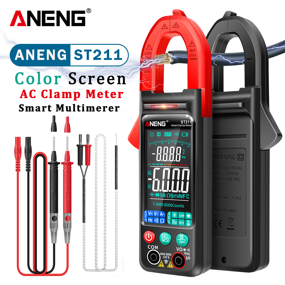 ANENG ST211 Digital Clamp Meter 6000 Counts Multimeter DC/AC Voltage Current Tester Car Amp Hz Big Color Screen NCV Ohm Test