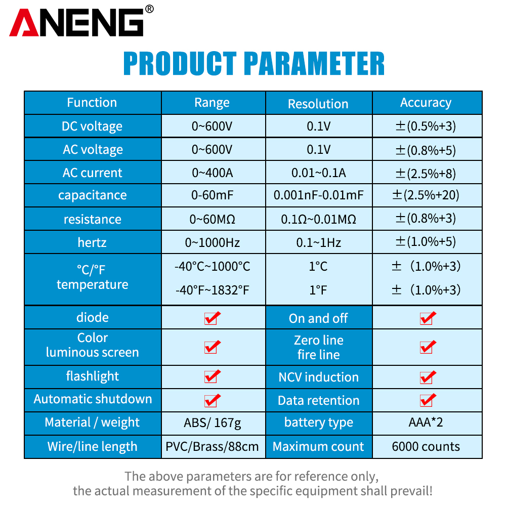 ANENG ST211 Digital Clamp Meter 6000 Counts Multimeter DC/AC  Voltage Current Tester Car Amp Hz Big Color Screen NCV Ohm Test