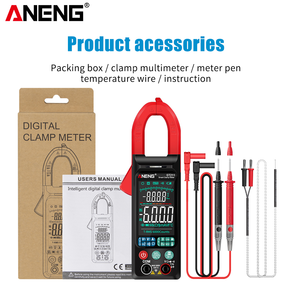 ANENG ST211 Digital Clamp Meter 6000 Counts Multimeter DC/AC  Voltage Current Tester Car Amp Hz Big Color Screen NCV Ohm Test