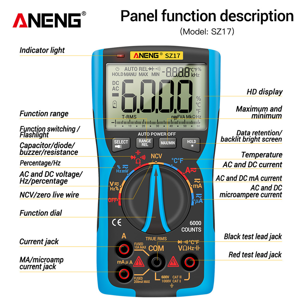 ANENG SZ16 SZ17 DIY Transistor Capacitor NCV Detector Lcr Meter Digital Multimeter 6000 Professional True RMS AC/DC Analog Tester