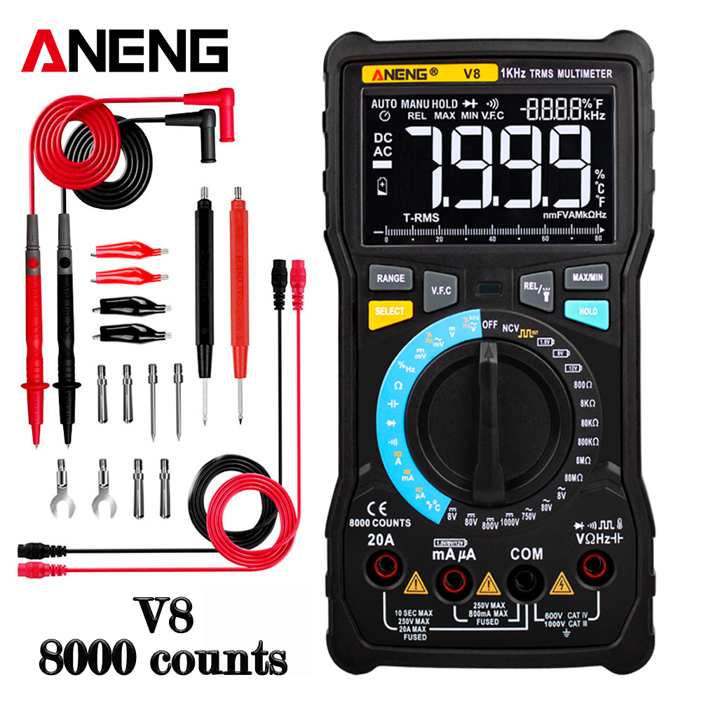 ANENG V8 Digital Multimeter Profesional True RMS 8000 Counts Transistor Tester Analog Transistor Display Electrical DC/AC Meter