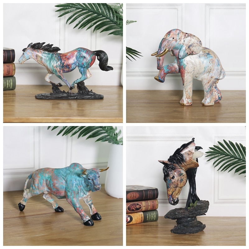 Animals Sculpture Horse Figurine Elk Elephant Deer OX Resin Crafts Statue Model Home Office Oil Painted Art Decoration Gift