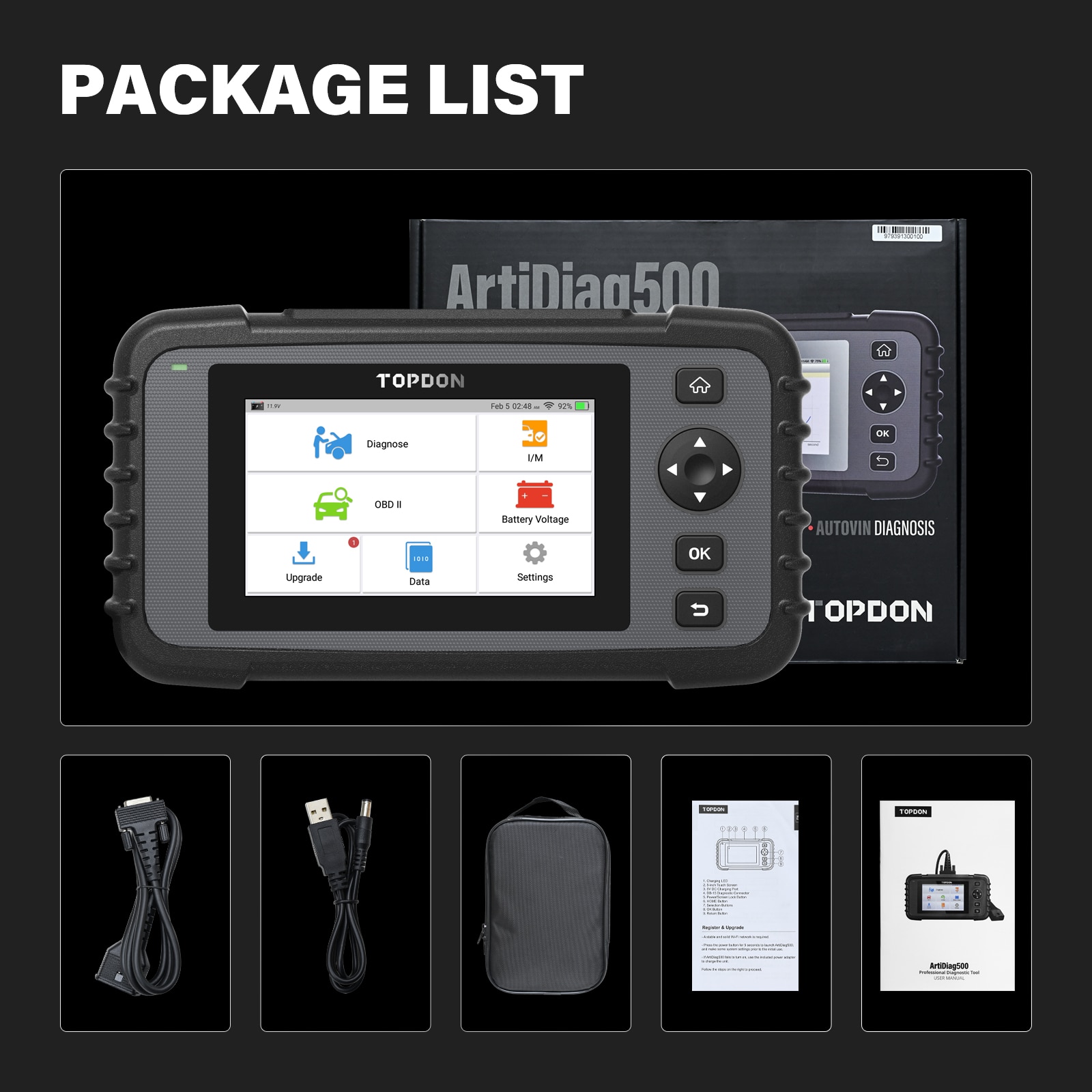 TOPDON ArtiDiag500 OBD2 Scanner Car Diagnostic Tool Auto Scan Automotive Engine ABS SRS Airbag Transmission Test