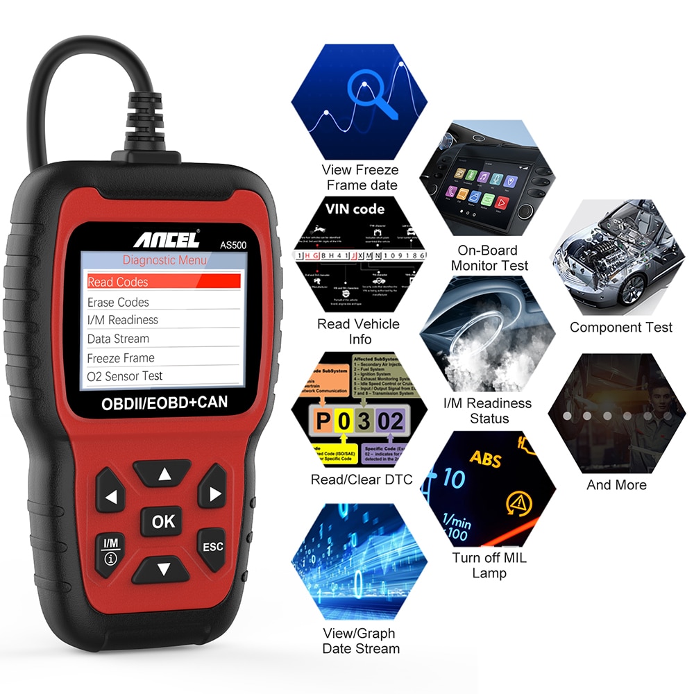 Ancel AS500 OBD2 Scanner Vehicle Engine Code Reader Tester OBD Car Diagnostics Tool Multilingual Free Update ODB II Automotive Scanner