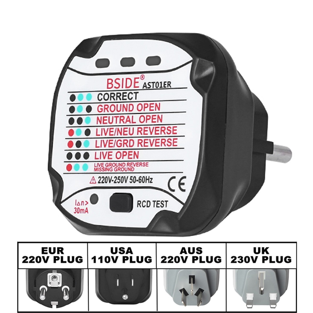 AST01 Electric Socket Tester EU US UK AU Plug RCD GFCI Test  Outlet Ground Zero Line Plug Polarity Phase Wall Check