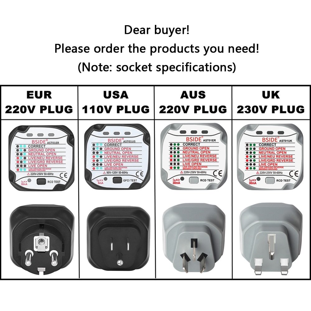 AST01 Electric Socket Tester EU US UK AU Plug RCD GFCI Test  Outlet Ground Zero Line Plug Polarity Phase Wall Check