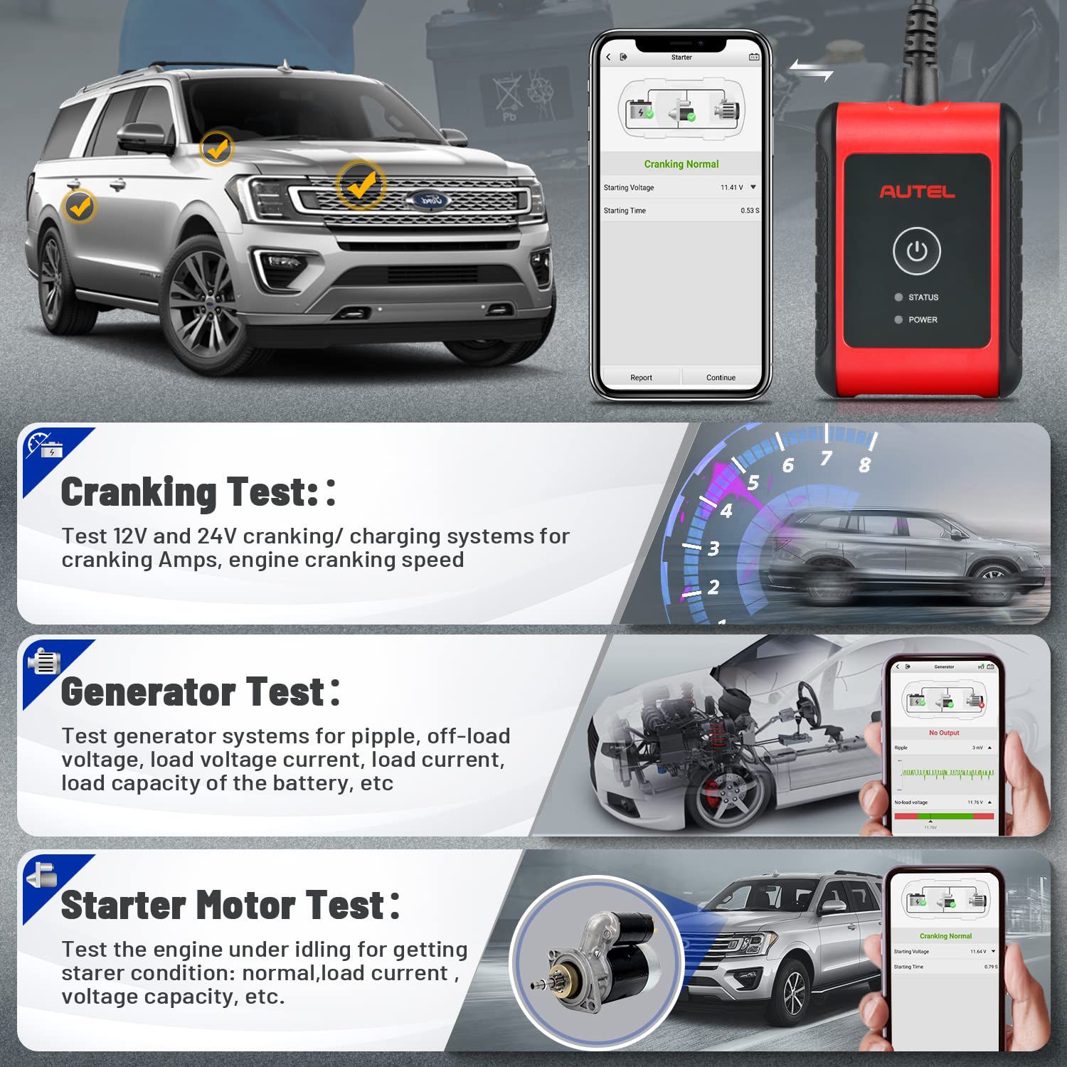 Autel MaxiBAS BT508 Car Battery Tester 6V 12V Load Tester 100-2000 CCA Added AUTOVIN, Electrical Reset, Battery Health Report Update of BT506