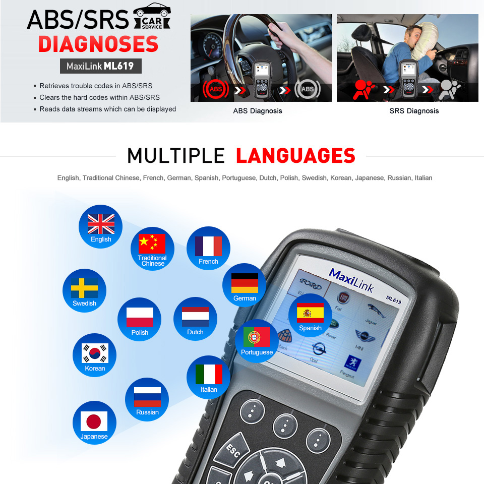 Autel MaxiLink ML619 OBD2 Scanner ABS SRS Code Read Auto Diagnostic Tool Car OBD 2 OBDII Automotive Auto Scanner PK CR6011