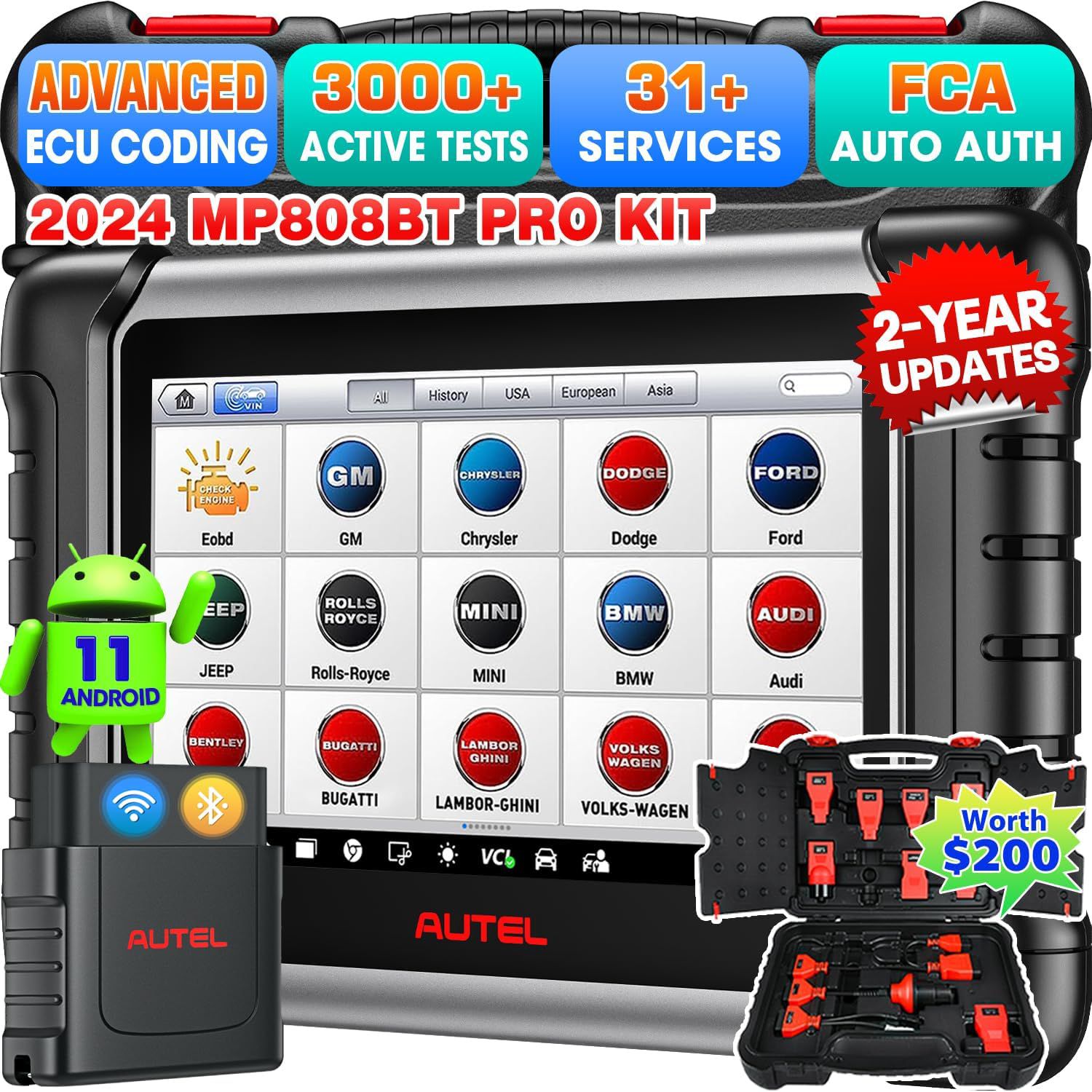 Autel MaxiPRO MP808BT Pro Kit with OBDII Adapters Support 3000+ Bidirectional Support ECU Coding, 30+ Services 150 Makes, FCA AutoAuth