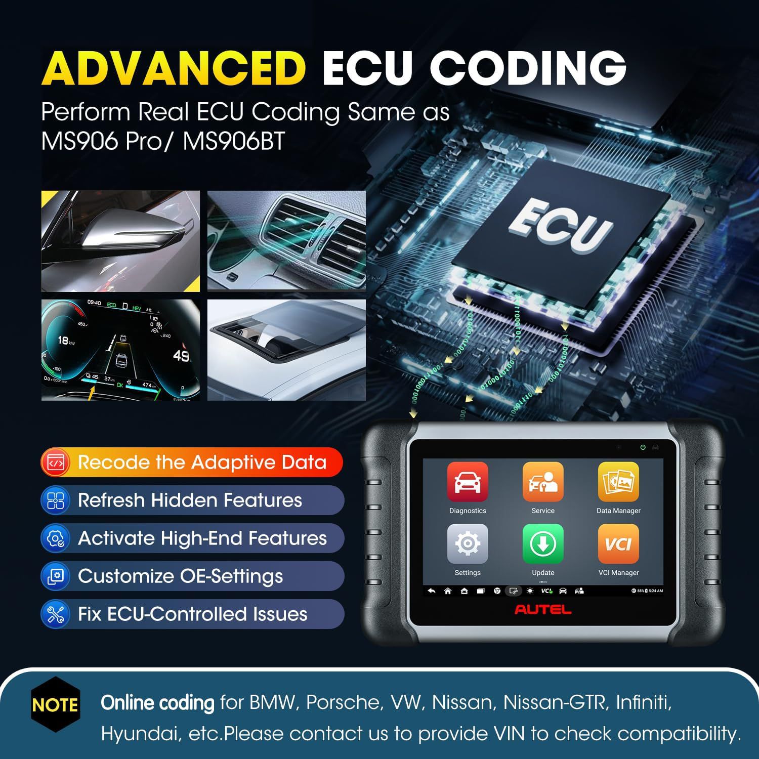 Autel MaxiPRO MP808BT Pro Kit with OBDII Adapters Support 3000+ Bidirectional Support ECU Coding, 30+ Services 150 Makes, FCA AutoAuth