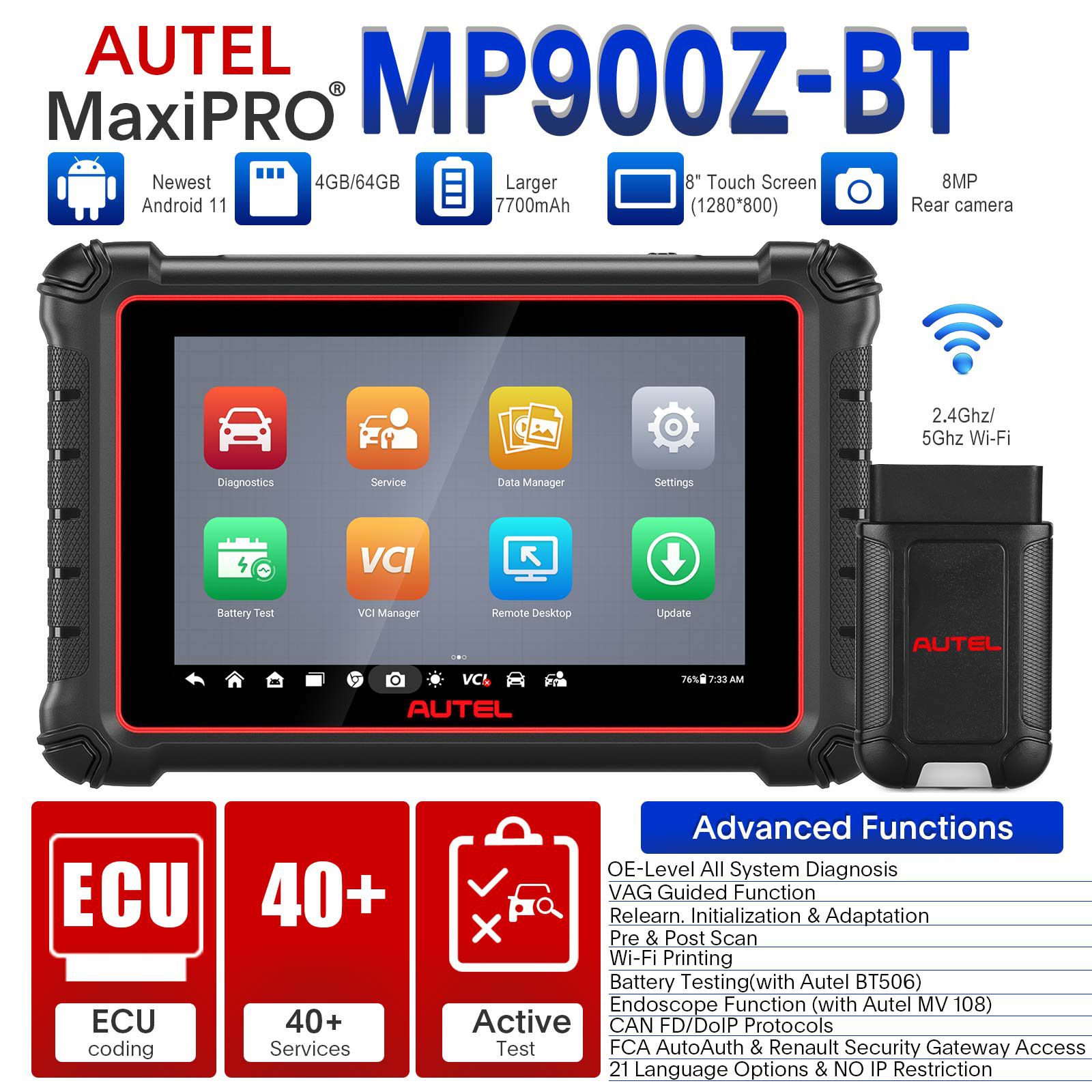 Autel MaxiPro MP900Z BT (MP900 BT) Diagnostic Scanner Supports ECU Coding, Pre & Post Scan, DoIP CAN FD Protocols, Upgraded Ver. Of MP808BT PRO