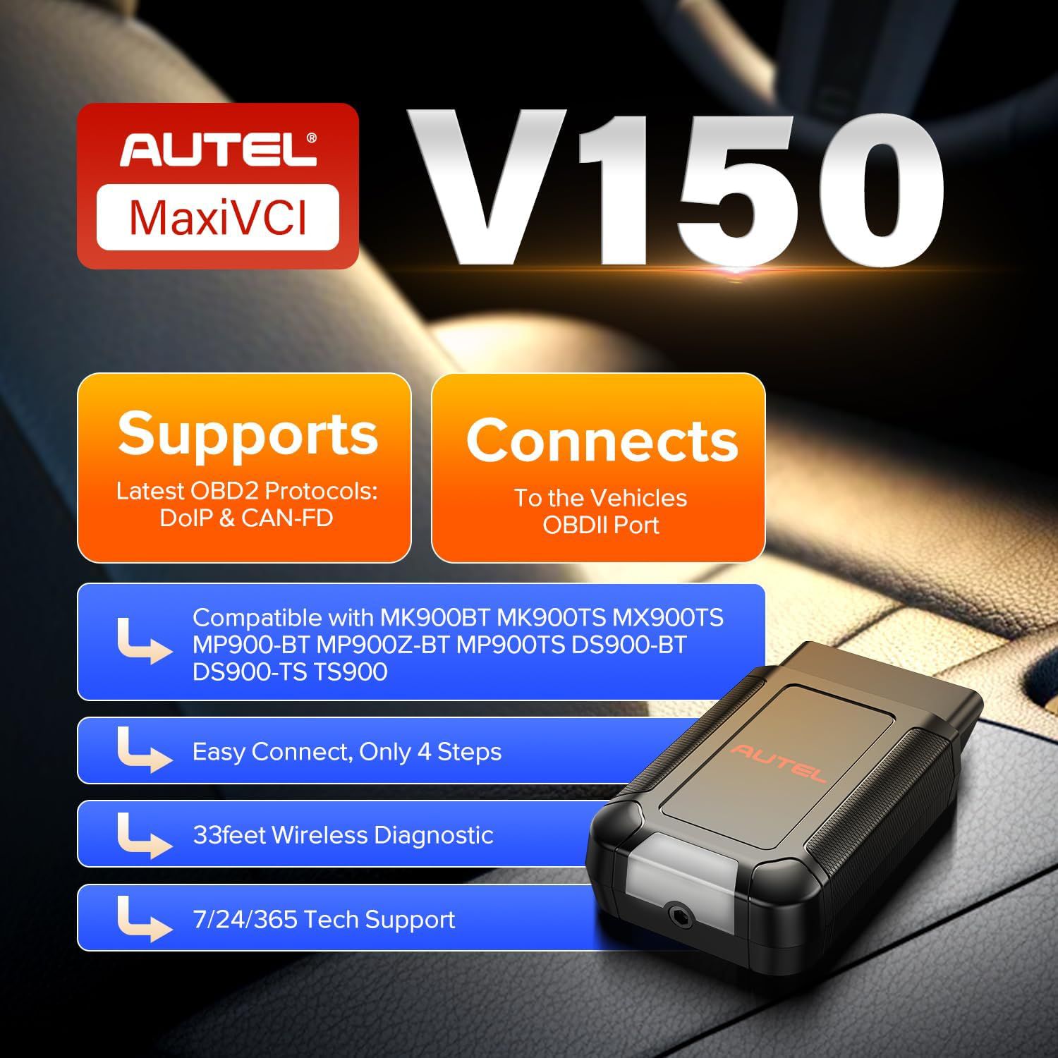 2025 Autel MaxiVCI V150 VCI150 Wireless Dongle,Support CAN FD / DOIP Protocol work for Autel 900 Series Scanners MK900BT MP900BT MP900Z-BT MP900TS