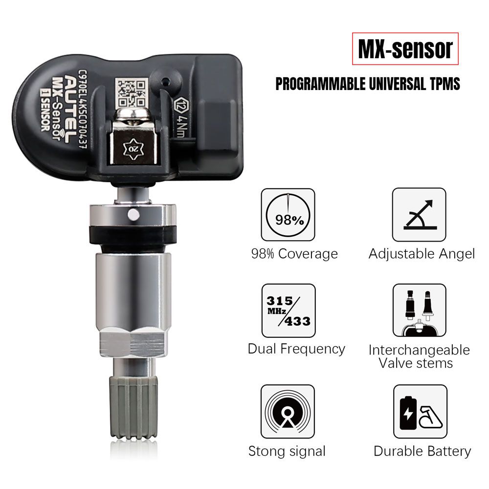 Autel MX-Sensor 315MHz+433MHz 2 in 1 Universal Programmable TPMS Sensor Metal/Rubber OE Level Tire Pressure Monitoring System