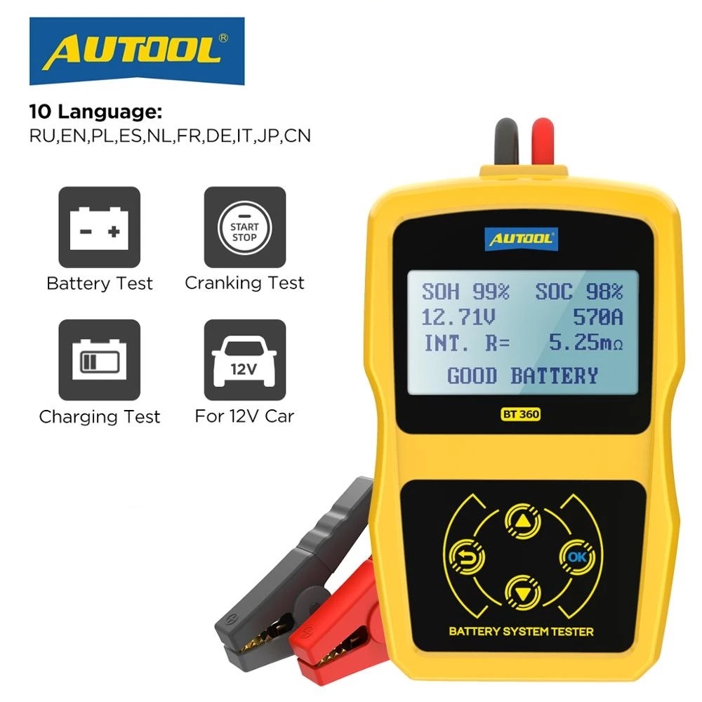 AUTOOL BT360 12V Car Battery Tester Digital Automotive Diagnostic Battery Tester Analyzer Vehicle Cranking Charging Scanner Tool