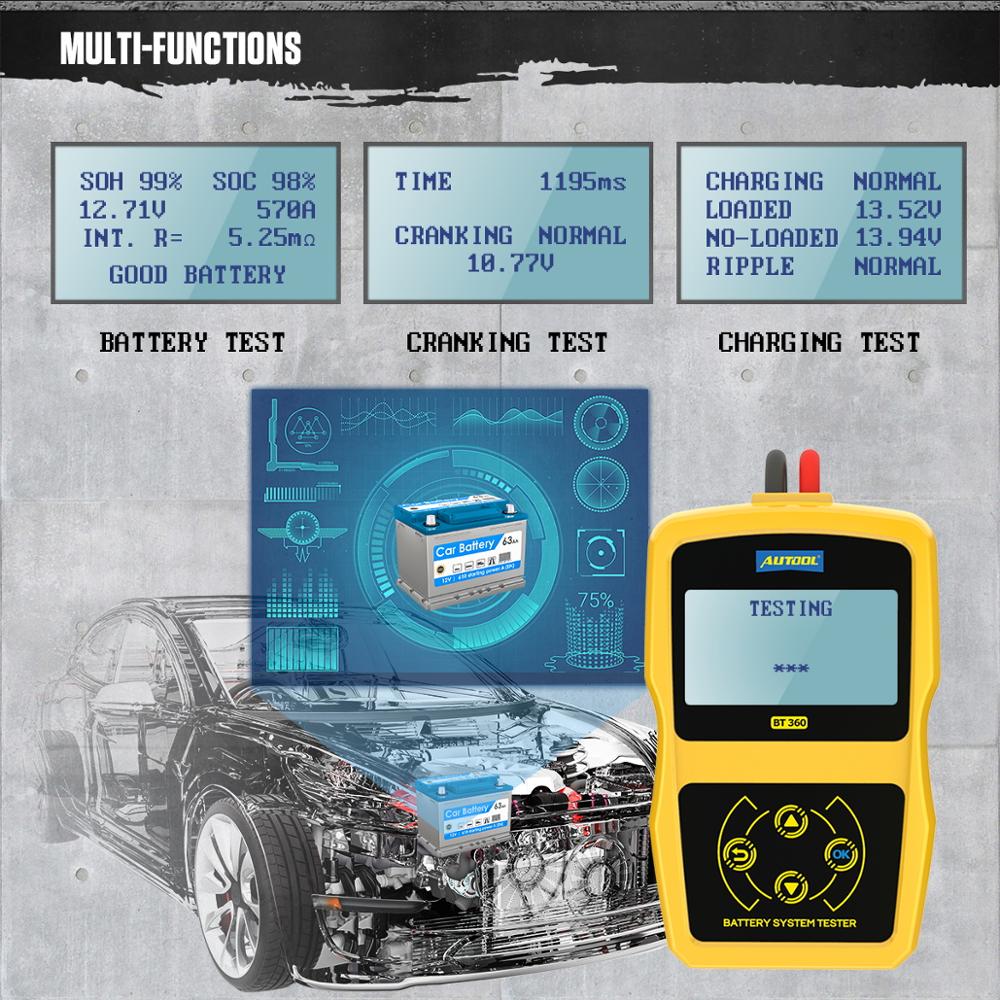 AUTOOL BT360 12V Car Battery Tester Digital Automotive Diagnostic Battery Tester Analyzer Vehicle Cranking Charging Scanner Tool