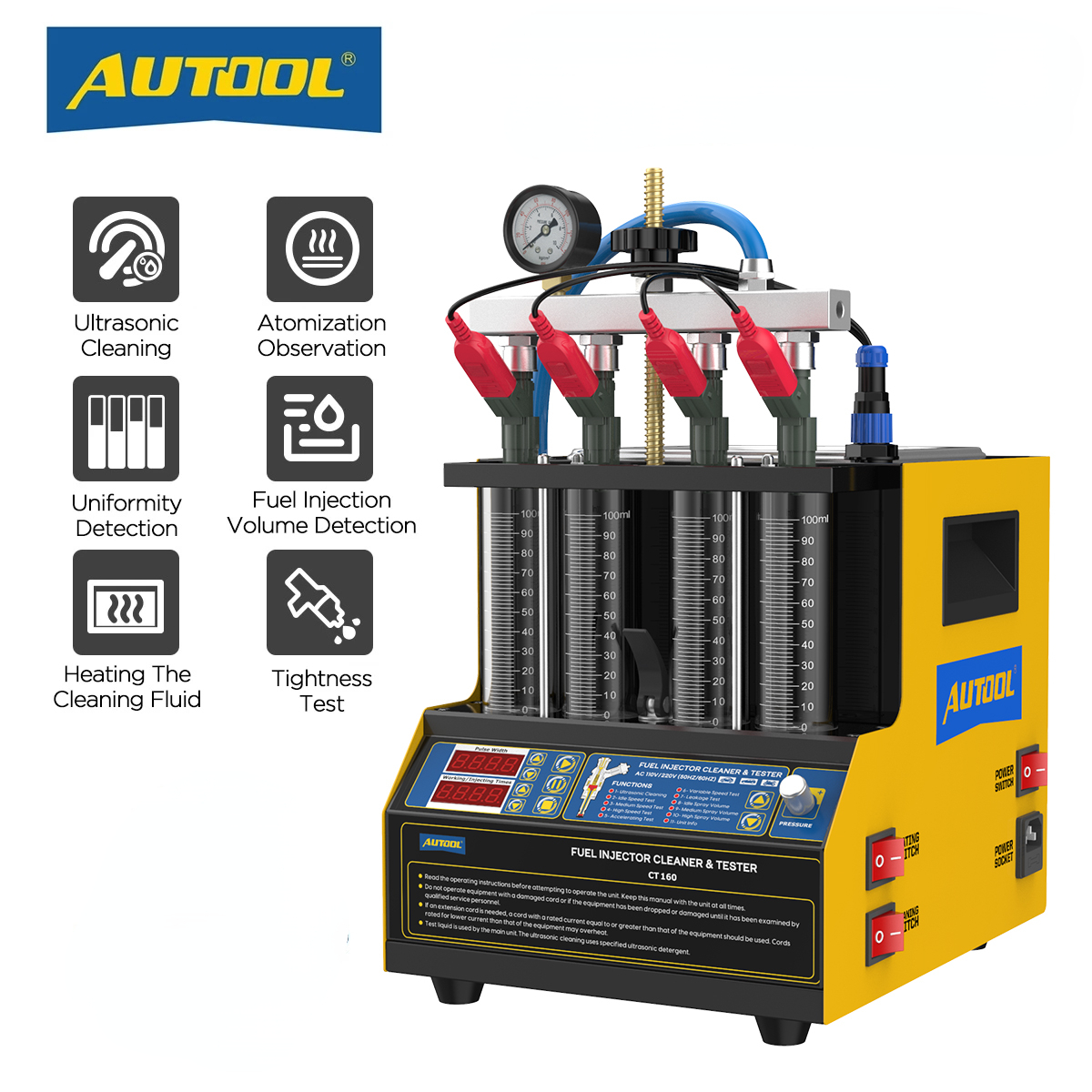 AUTOOL CT160 Fuel Injector Heating Cleaning & Tester Machine Car & Motorcycle 4-Cylinders Ultrasonic Cleaner for GDI 110V 220V