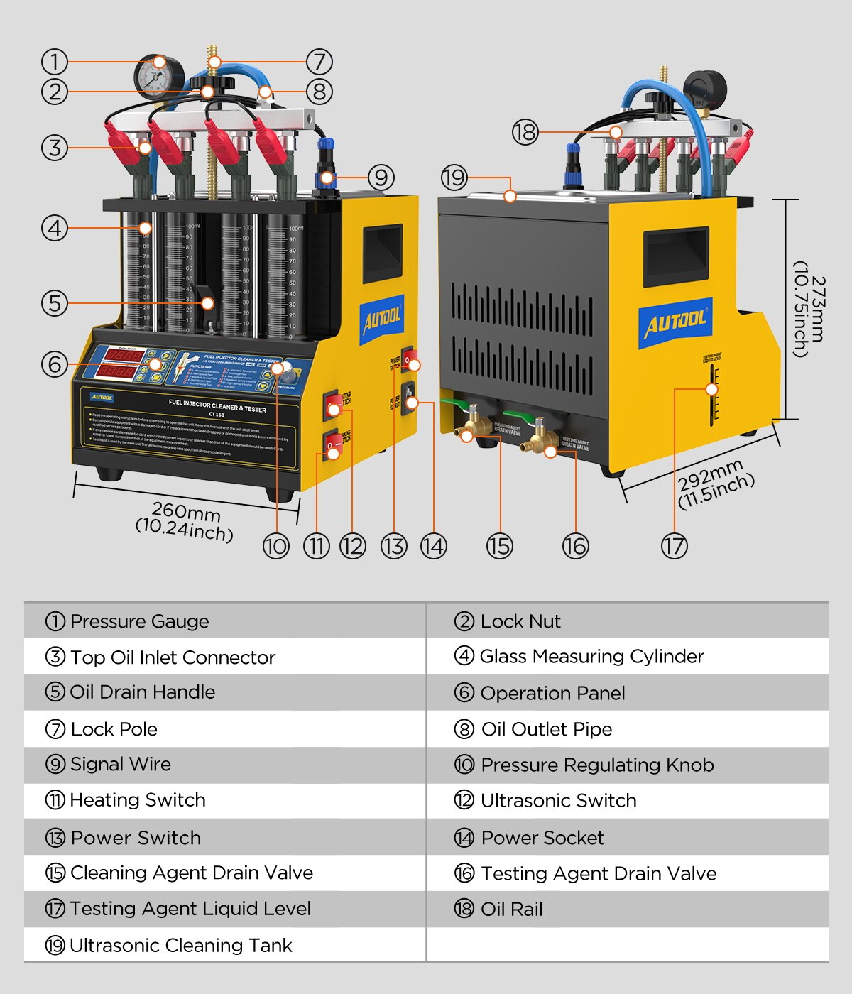 AUTOOL CT160 Fuel Injector Heating Cleaning & Tester Machine Car & Motorcycle 4-Cylinders Ultrasonic Cleaner for GDI 110V 220V