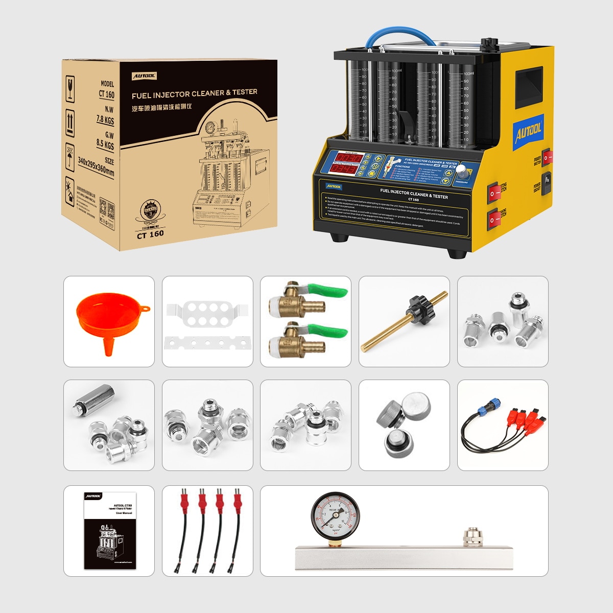 AUTOOL CT160 Fuel Injector Heating Cleaning & Tester Machine Car & Motorcycle 4-Cylinders Ultrasonic Cleaner for GDI 110V 220V