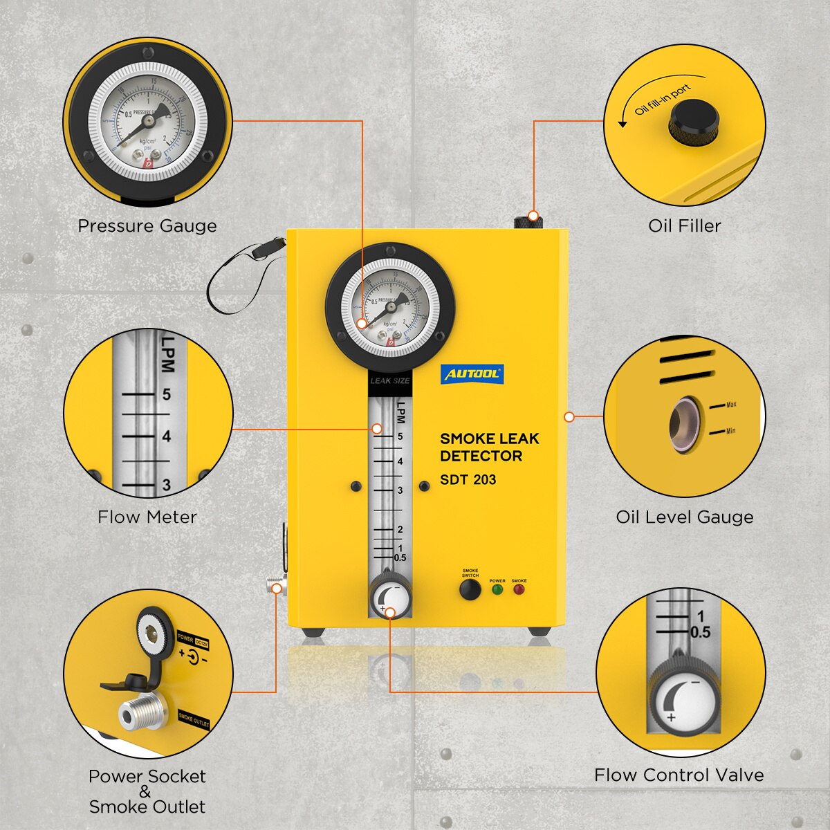 AUTOOL Original SDT203 Car Smoke Leak Detector Pipe EVAP Vacuum Leakage Diagnostic Tool EVAP Pipe Leakage Analyzer for 12V Car