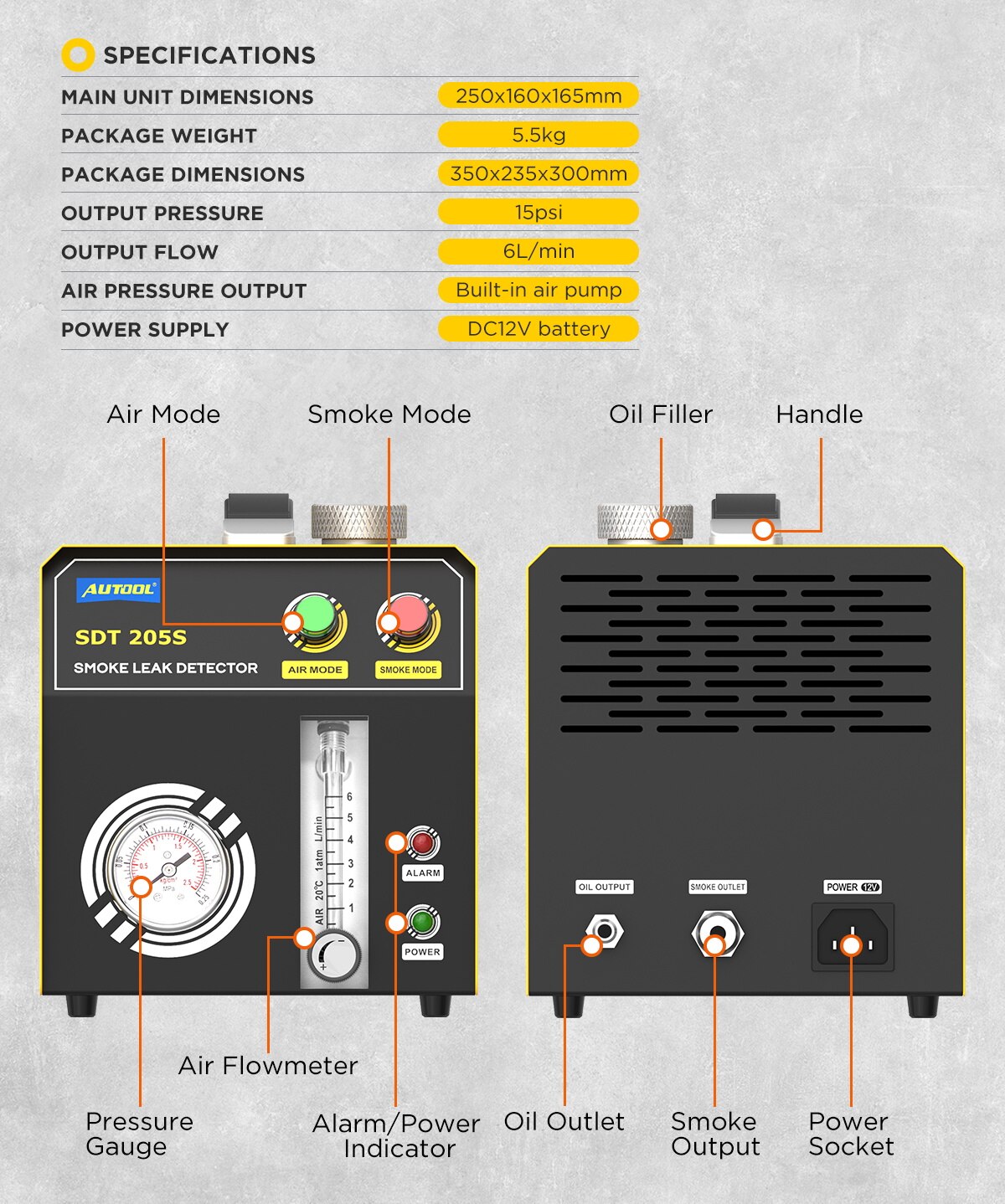 AUTOOL SDT205S Car Smoke Leak Detector Automotive Pipe Leak Locator EVAP System Pipe Leakage Locator Analyzer Diagnostic Tool