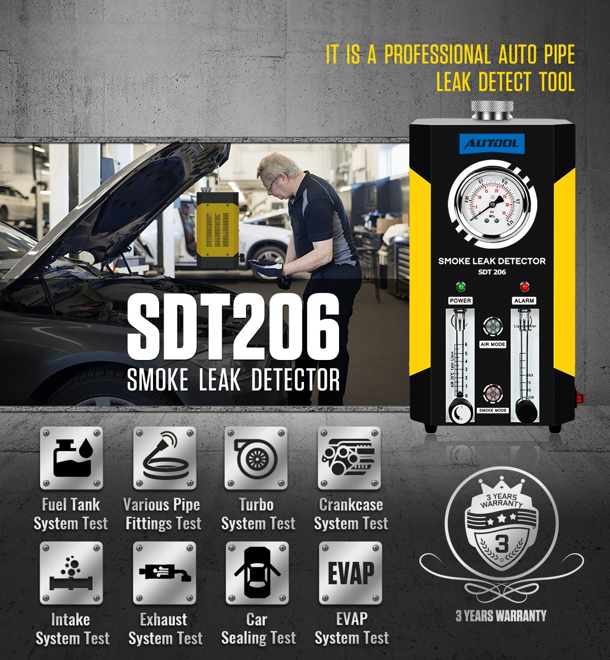 AUTOOL SDT206 Upgraded Car Smoke Leak Detector Locator 6L/Min DC12V Automotive Pipe Systems Leakage Diagnostic Smog Generator