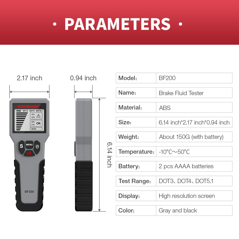 BF200 12V Auto Brake Fluid Tester Digital Car Brake Oil Tool DOT3 DOT4 DOT5.1 LED Indicator Check Display Auto Oil Tool