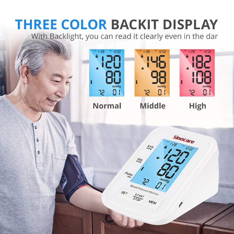 Sinocare Blood Pressure Monitor Tensiometer Upper Arm Automatic Digital BP Machine Pulse Heart Rate Meter 3 Color LCD Display