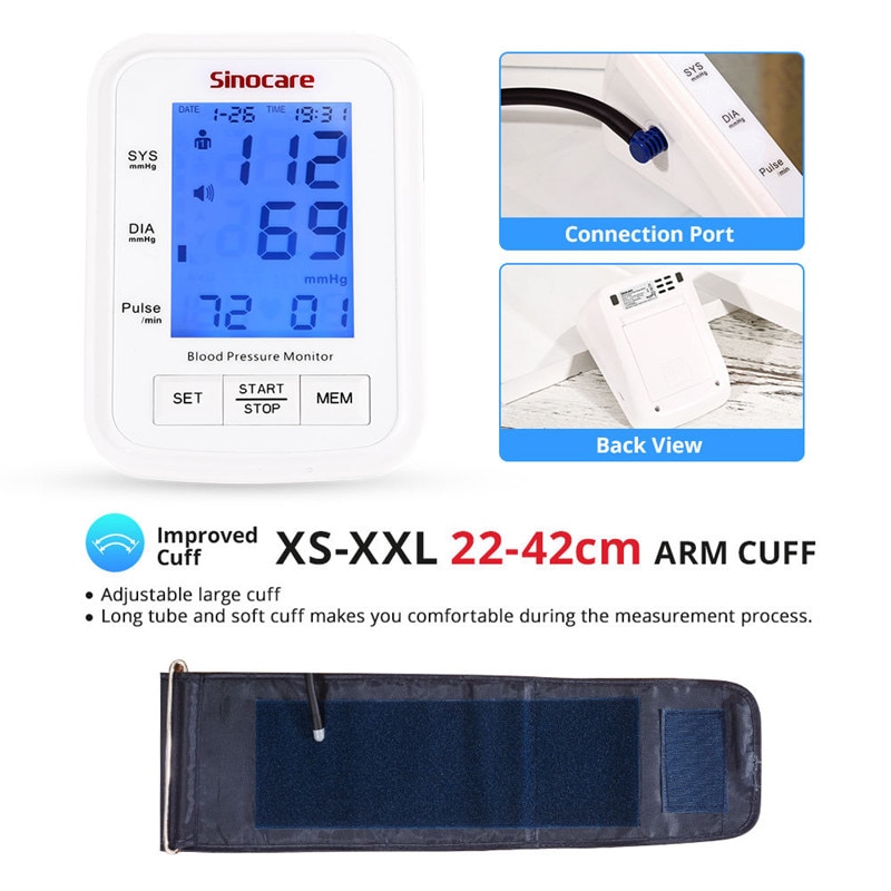 Sinocare Blood Pressure Monitor Tensiometer Upper Arm Automatic Digital BP Machine Pulse Heart Rate Meter 3 Color LCD Display