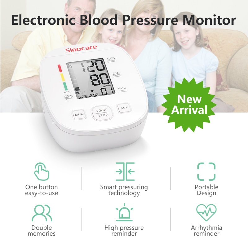 Sinocare Blood Pressure Monitor Tensiometer Upper Arm Automatic Digital BP Machine Pulse Heart Rate Meter 3 Color LCD Display