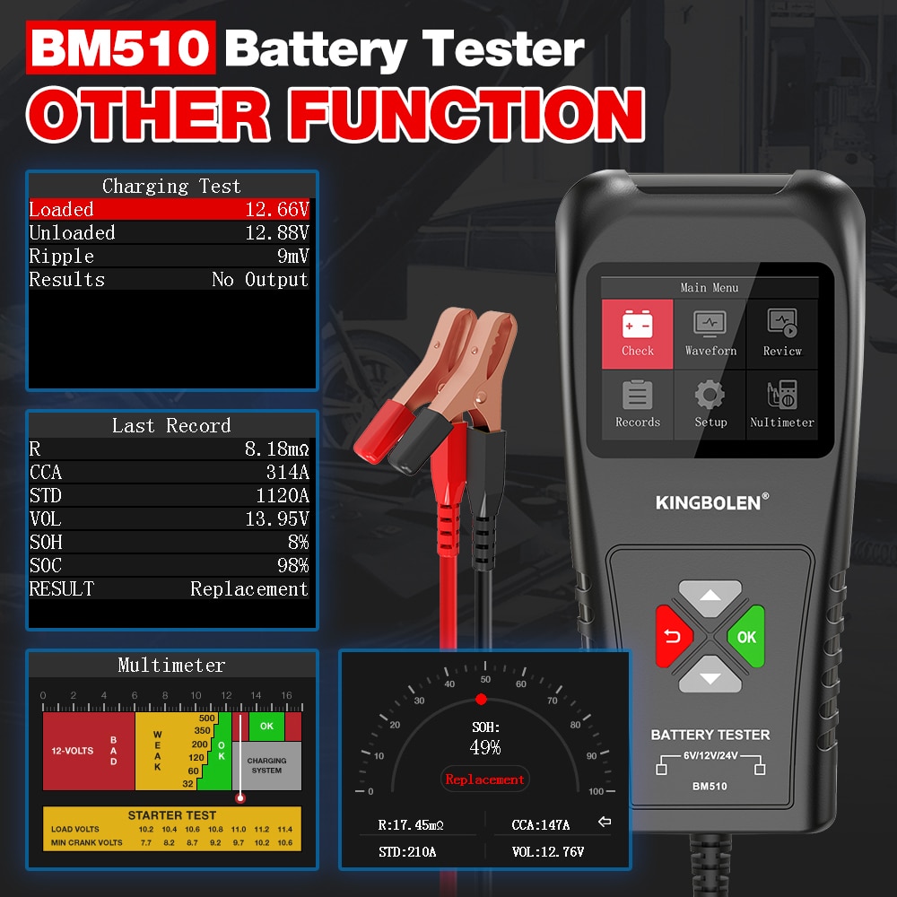 BM510 Car Battery Tester 6V 12V 24V Multimeter Cranking Charging Ripple Load Test Motorcycle Truck Battery Analyzer
