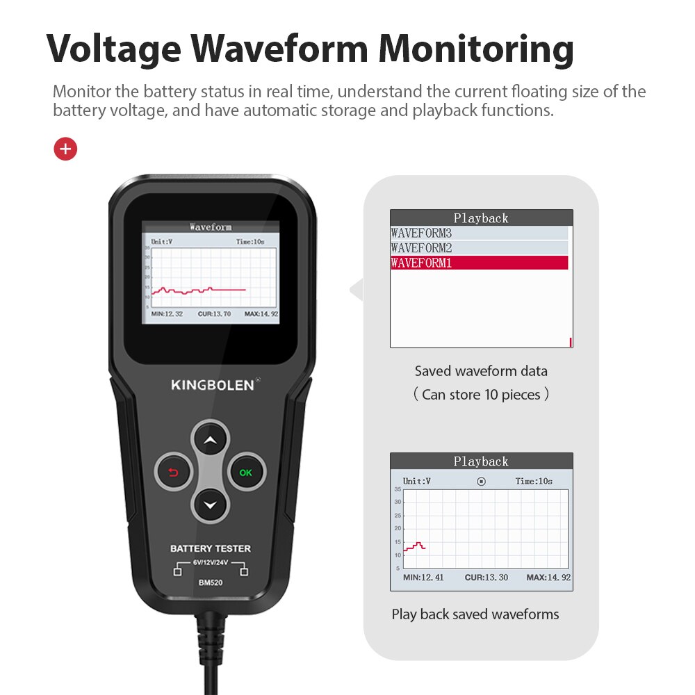 BM520 6V 12V 24V Car Battery Tester Truck Battery System Test Tool 12 Volts Battery Analyzer Cranking Test PK KW600