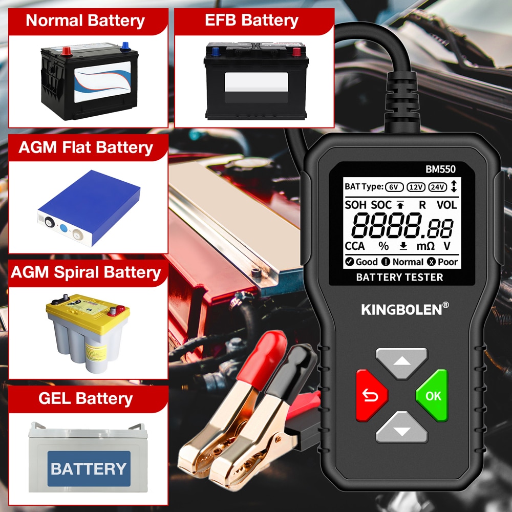 BM550 Car Battery Tester 6V 12V 24V 100-2000 CCA Battery System Detect Auto Battery Analyzer Car Battery Tool PK KW208