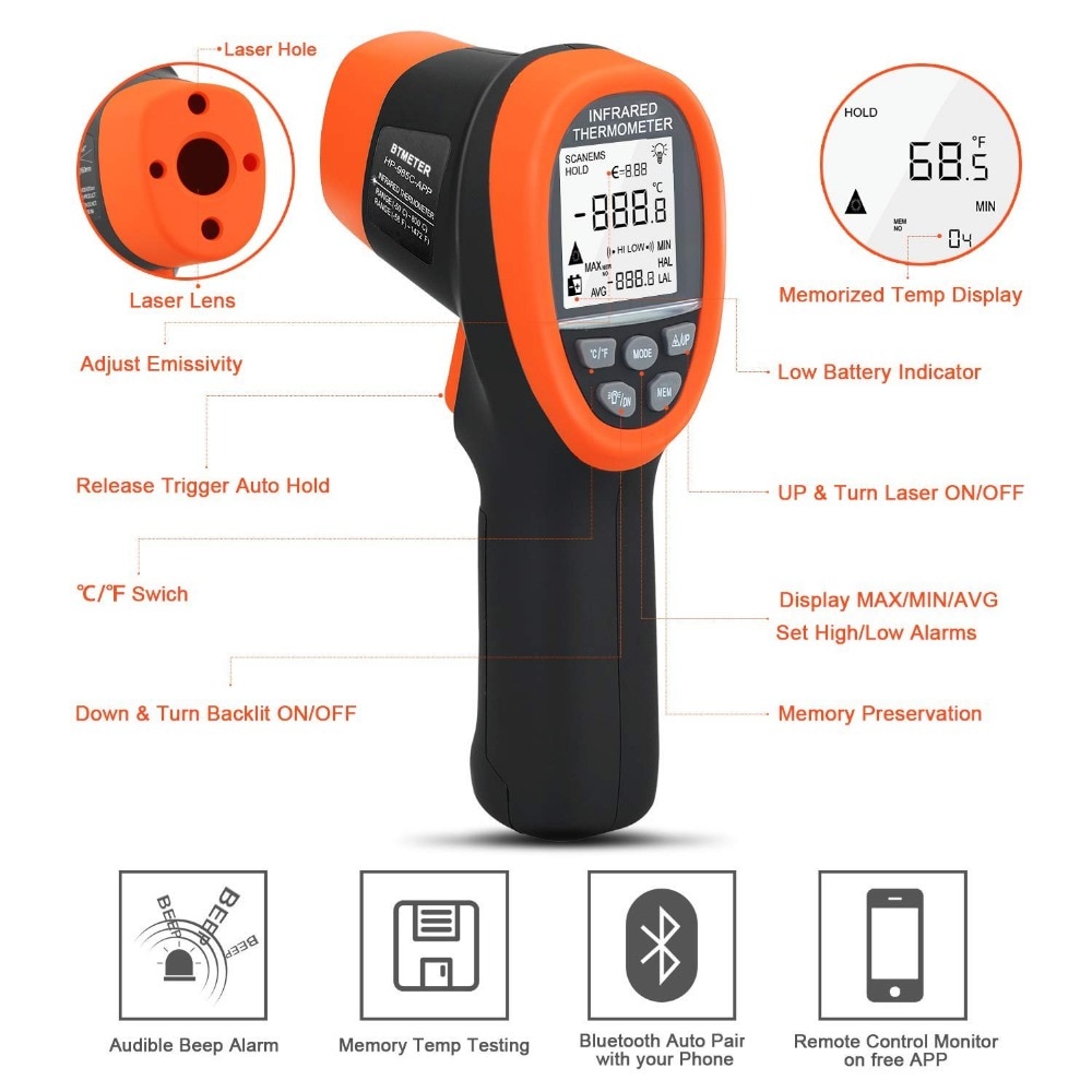 BT-985C-APP Bluetooth 12:1 Digital Infrared Thermometer Temp Range -58℉~1472℉(-50℃～800℃) Non Contact IR Temperature Gun