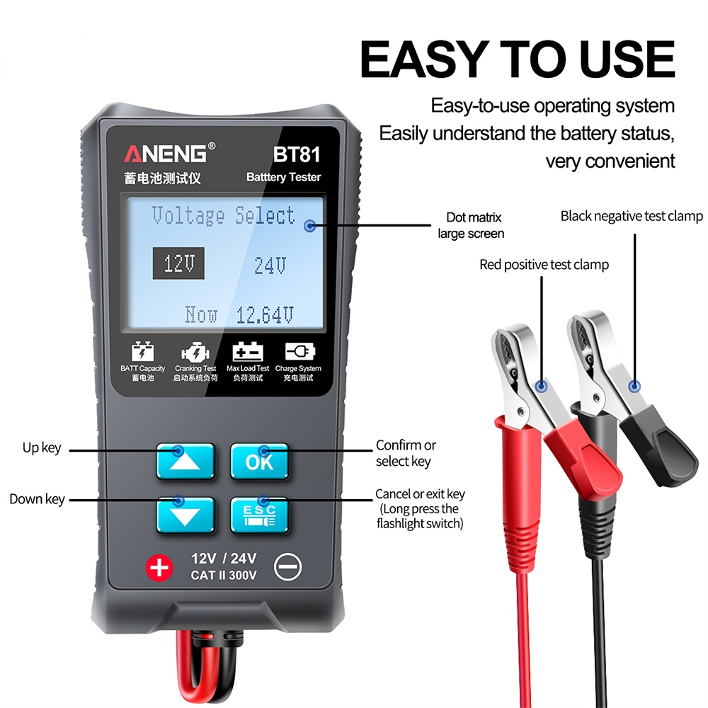 ANENG BT81 Car Battery Tester 12V/24V 100 to 1700CCA Cranking Charging Circut Tester Battery Analyzer 12/24 Volts Battery Tools