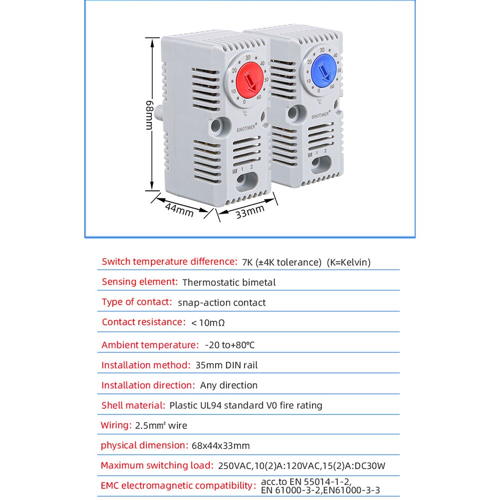 0-60°C Cabinet Mechanical Temperature Controller Normally Open/Closed Compact Thermostat Thermoregulator for Heating Cooling