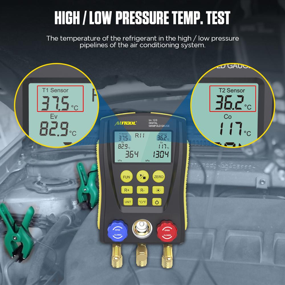 AUTOOL LM120 Refrigeration Manifold Digital HVAC Cold Medium Vacuum Pressure Temp Car Air Conditioning Tester PK Testo DY517A