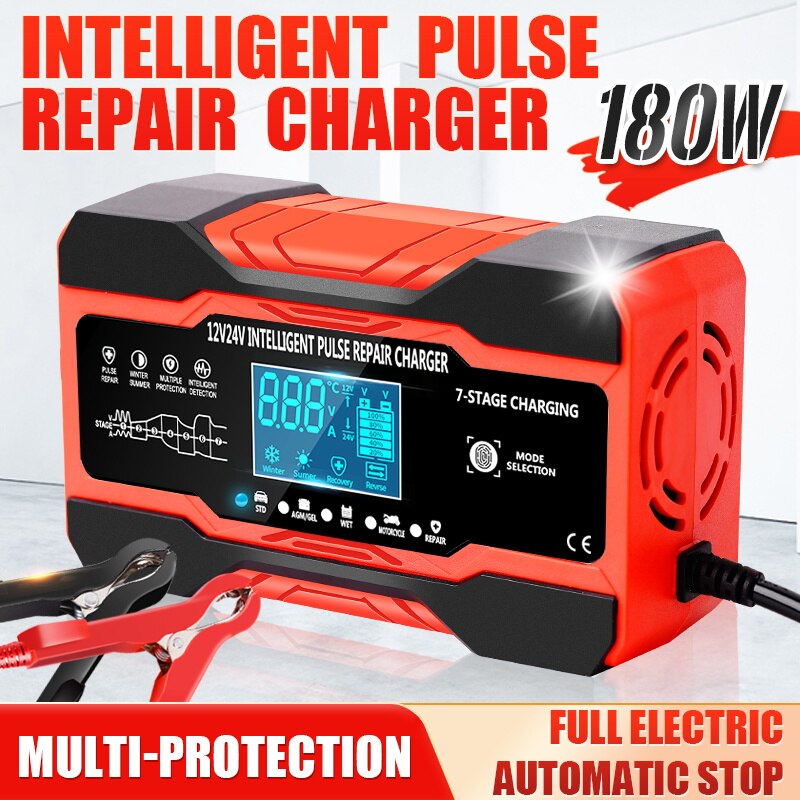 12V-24V 7 Stage Car Battery-Charger Full Automatic 12V 10A Digital Car Battery Charger  Pulse Repair for AGM GEL WET Lead Acid