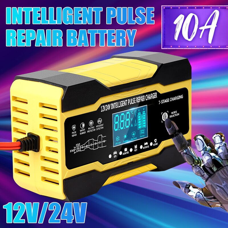 12V-24V 7 Stage Car Battery-Charger Full Automatic 12V 10A Digital Car Battery Charger  Pulse Repair for AGM GEL WET Lead Acid