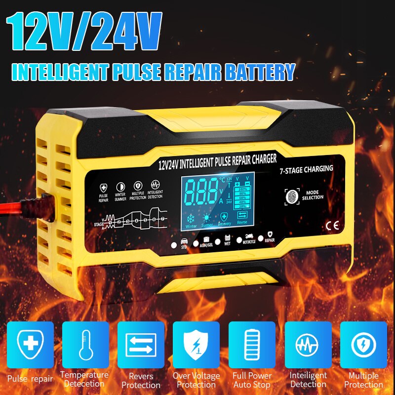 12V-24V 7 Stage Car Battery-Charger Full Automatic 12V 10A Digital Car Battery Charger  Pulse Repair for AGM GEL WET Lead Acid