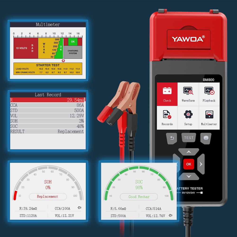 YAWOA BM800 Professional Car Battery System Diagnostic Tool 6V 12V 24V Digital Battery Tester Analyzer with Printer PK BT760