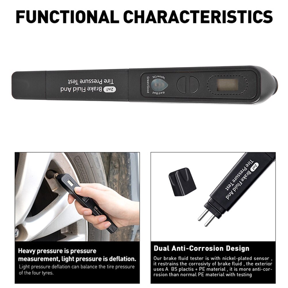 2 in 1 Universal Car Brake Fluid Tester Tire Pressure Gauge Digital Quality Check Pen Vehicle Testing Tool  for Automobile