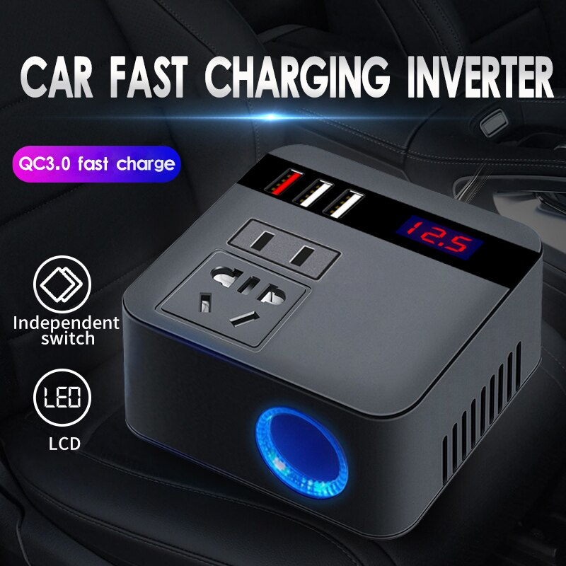 Car Inverter 150W Peak DC12V/24V to 110V/220V LED Display Sockets Power Inverter with QC 3.0 USB Charger Fast Charging
