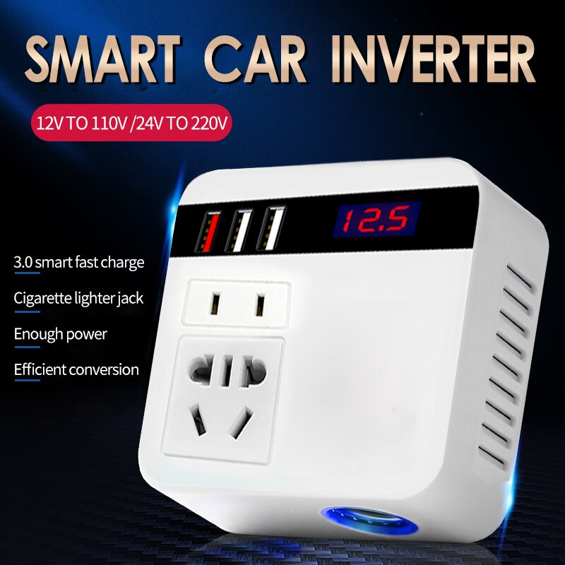 Car Inverter 150W Peak DC12V/24V to 110V/220V LED Display Sockets Power Inverter with QC 3.0 USB Charger Fast Charging