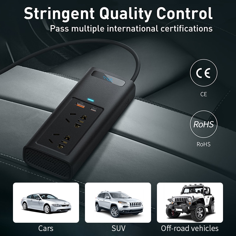 Car Inverter 150W DC 12V To AC 220V Cigarette Lighter Power Supply Converte Adapter With USB Type-C Charger Fast Charging