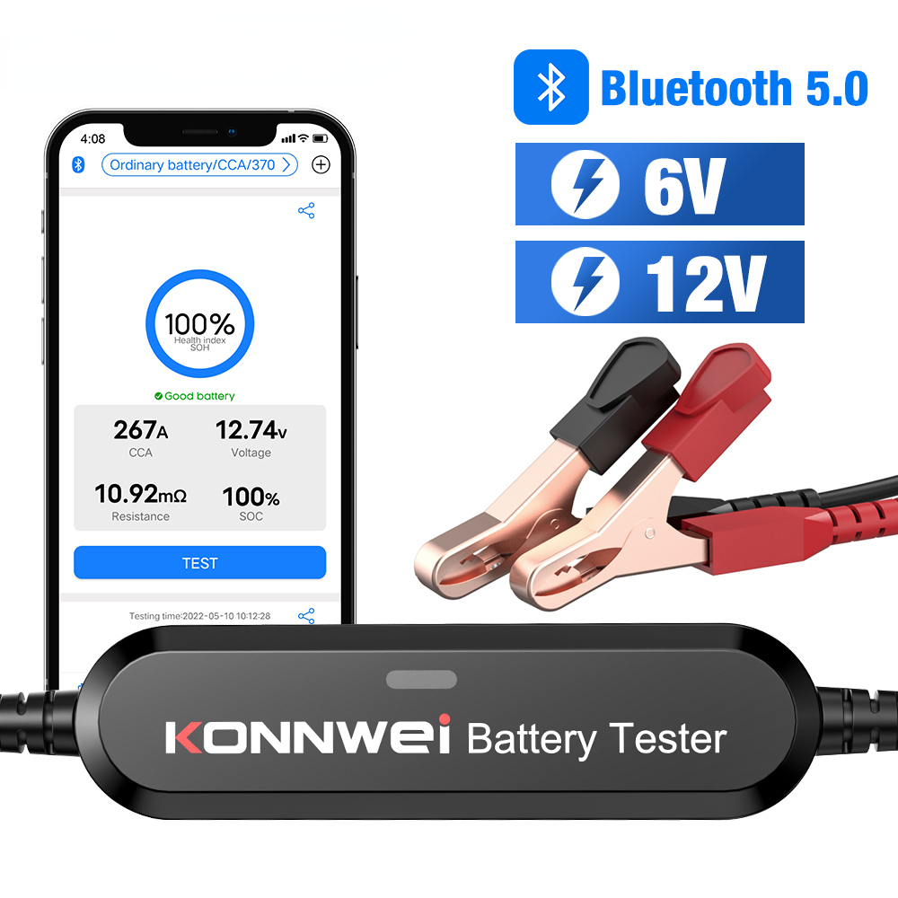 KONNWEI BK100 Bluetooth 5.0 Car Motorcycle Battery Tester 6V 12V Battery Monitor 100 to 2000 CCA Charging Cranking Test Tools