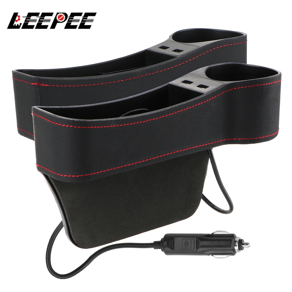 Car Organizer Auto Crevice Pocket Dual USB Charger Phone Bottle Cups Holder Seat Gap Slit Leather Storage Box Car Accessories