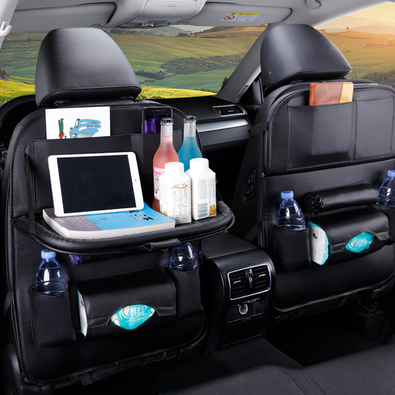 New Car Seat Back Bag Folding Table Organizer Pad Drink Chair Storage Pocket Box Travel Stowing Tidying Automobile Accessories