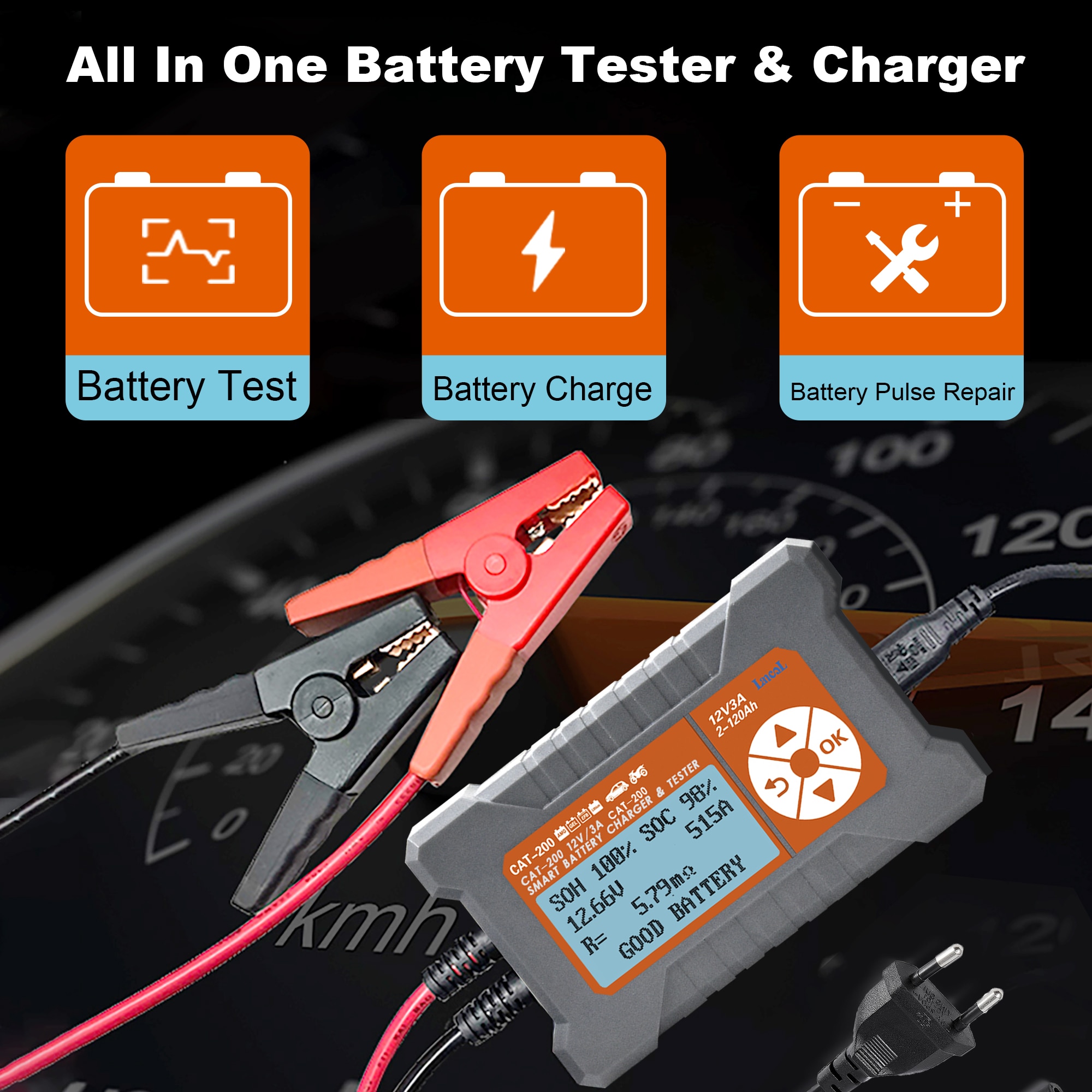 CAT200 12V 3A 3 In 1 Car Battery Tester Battery Charger Fully Automatic Power off Professional Battery Detector