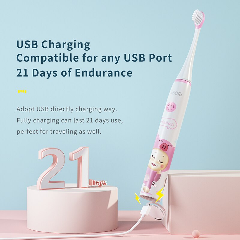 Children Electric Toothbrush Upgraded Kid Safety Automatic Toothbrush Sonic Clean Rechargeable + 2 Replacement Brush Heads